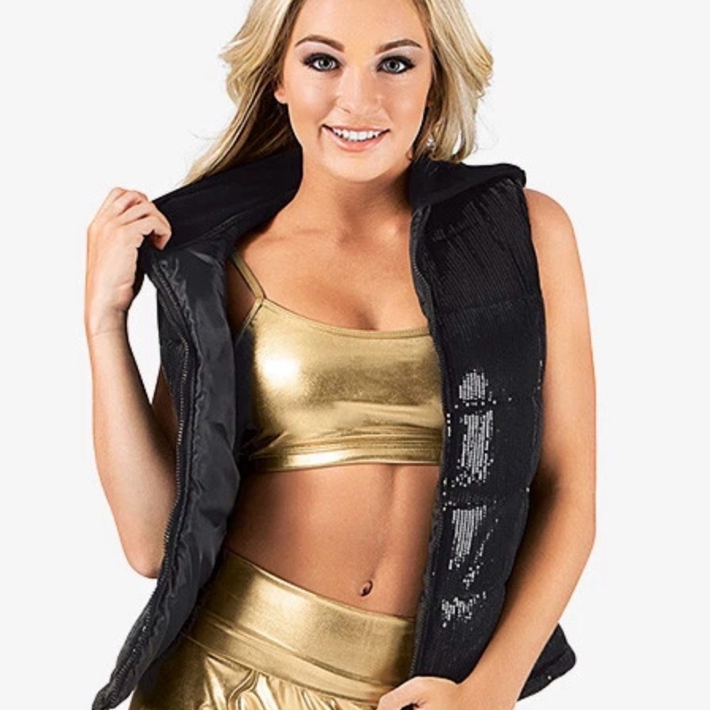 Double Platinum Black Sequin Women's Hooded Vest sz M